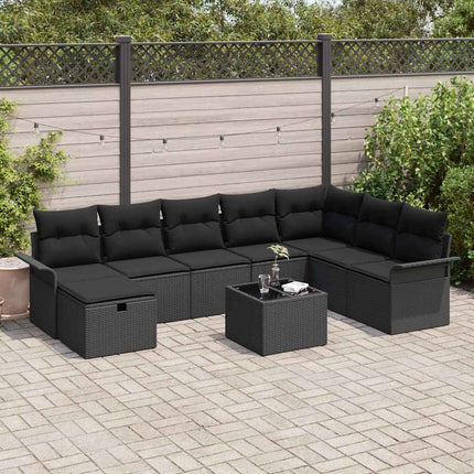 Havesofa Sæt med pude med opbevaring 9 pcs Sort polyrattan