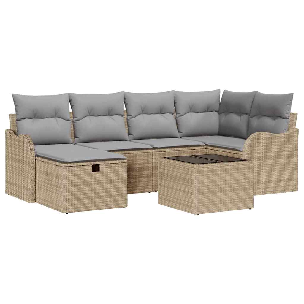 Havesofa Sæt med pude 7 pcs beige og lysegrå Poly rattan
