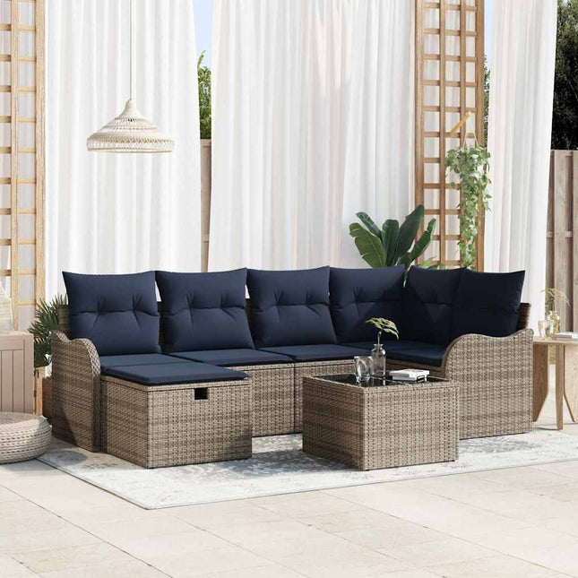 Havesofa Sæt 7 stk. Grå og Marineblå polyrattan