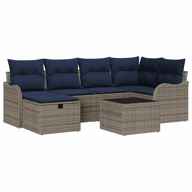 Havesofa Sæt 7 stk. Grå og Marineblå polyrattan