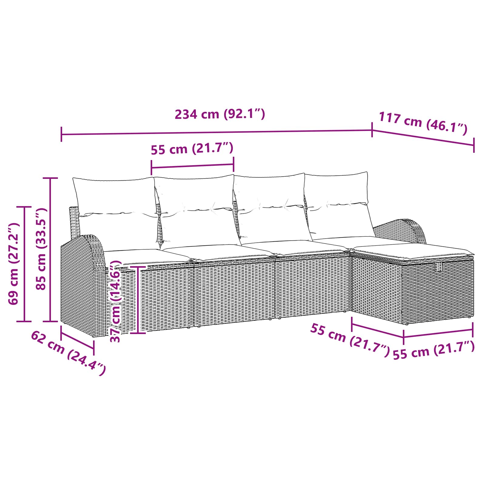 Sofa Sæt med pude med opbevaring Sort polyrattan
