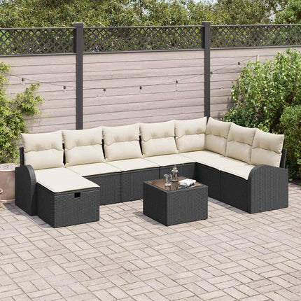 Sofa Sæt 9 stk. Sort og cremefarvet polyrattan