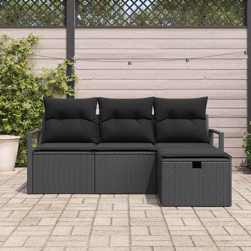 Sofa Sæt med pude med opbevaring 4 pcs Sort polyrattan