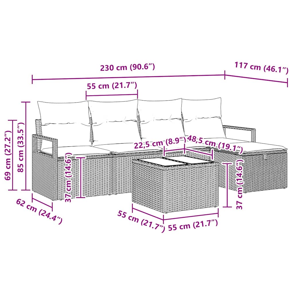 Havesofa Sæt 6 pcs Sort og cremefarvet 230 x 117 x 85 cm