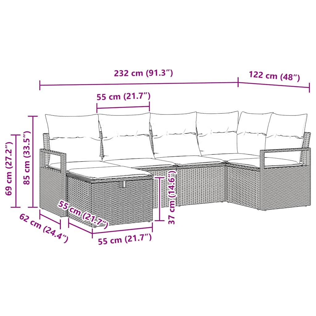 Havesofa Sæt 6 pcs Lysegrå 232 x 122 x 85 cm Poly rattan