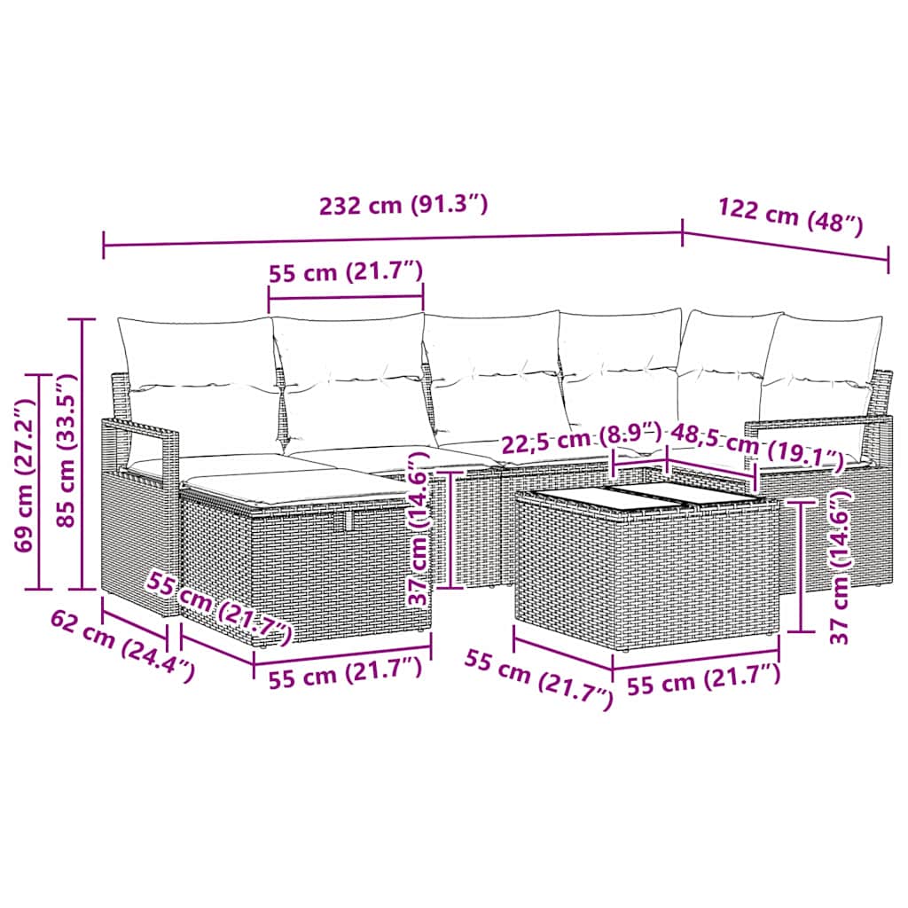 Havesofa Sæt 7 pcs Sort og cremefarvet 232 x 122 x 85 cm