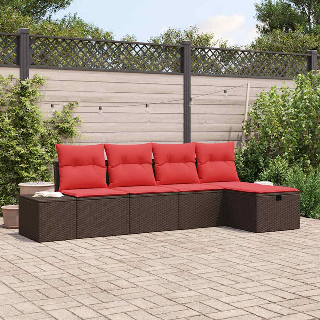 Havesofa Sæt med pude 5 pcs Brun polyrattan