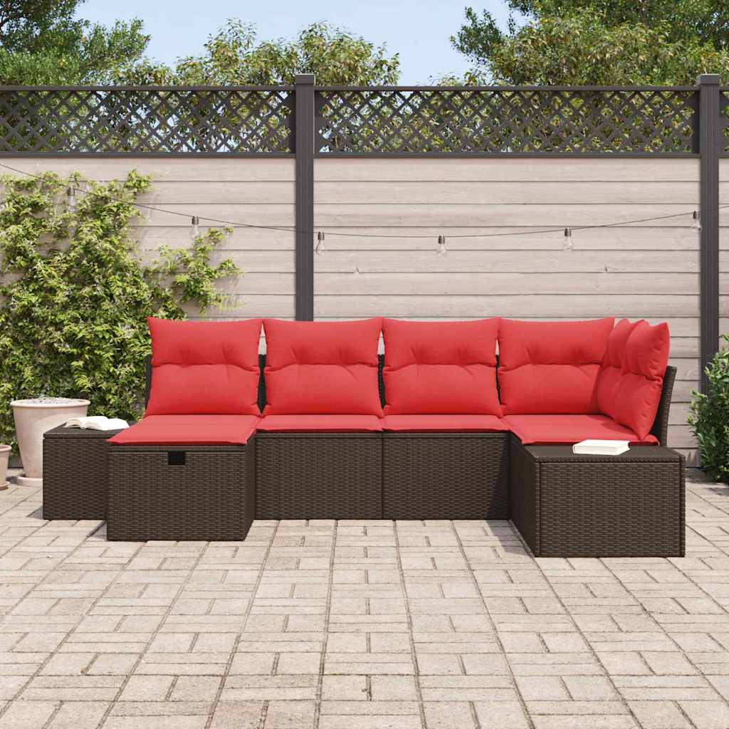 Havesofa Sæt med pude 6 pcs Brun polyrattan