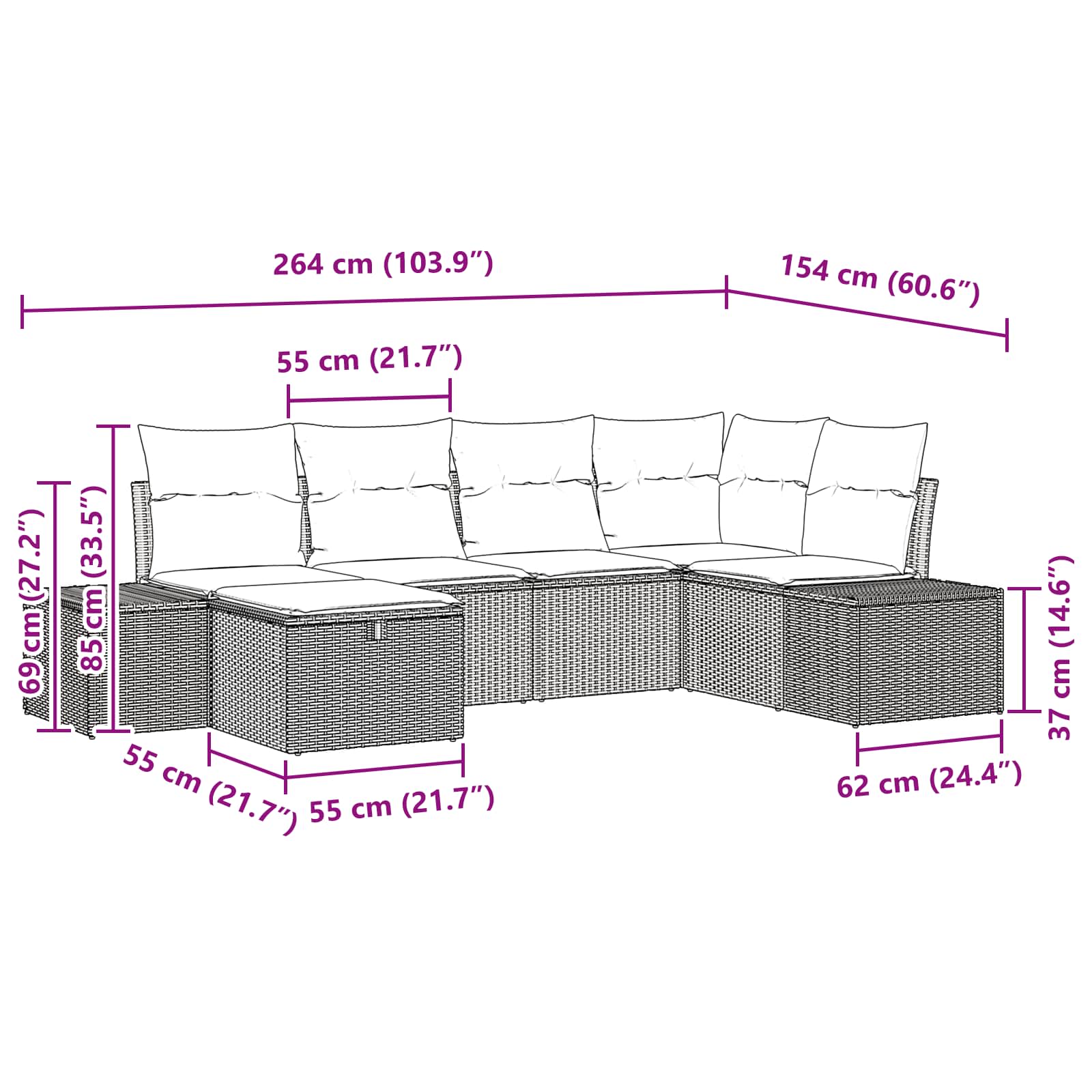 Havesofa Sæt med pude 6 pcs Brun polyrattan