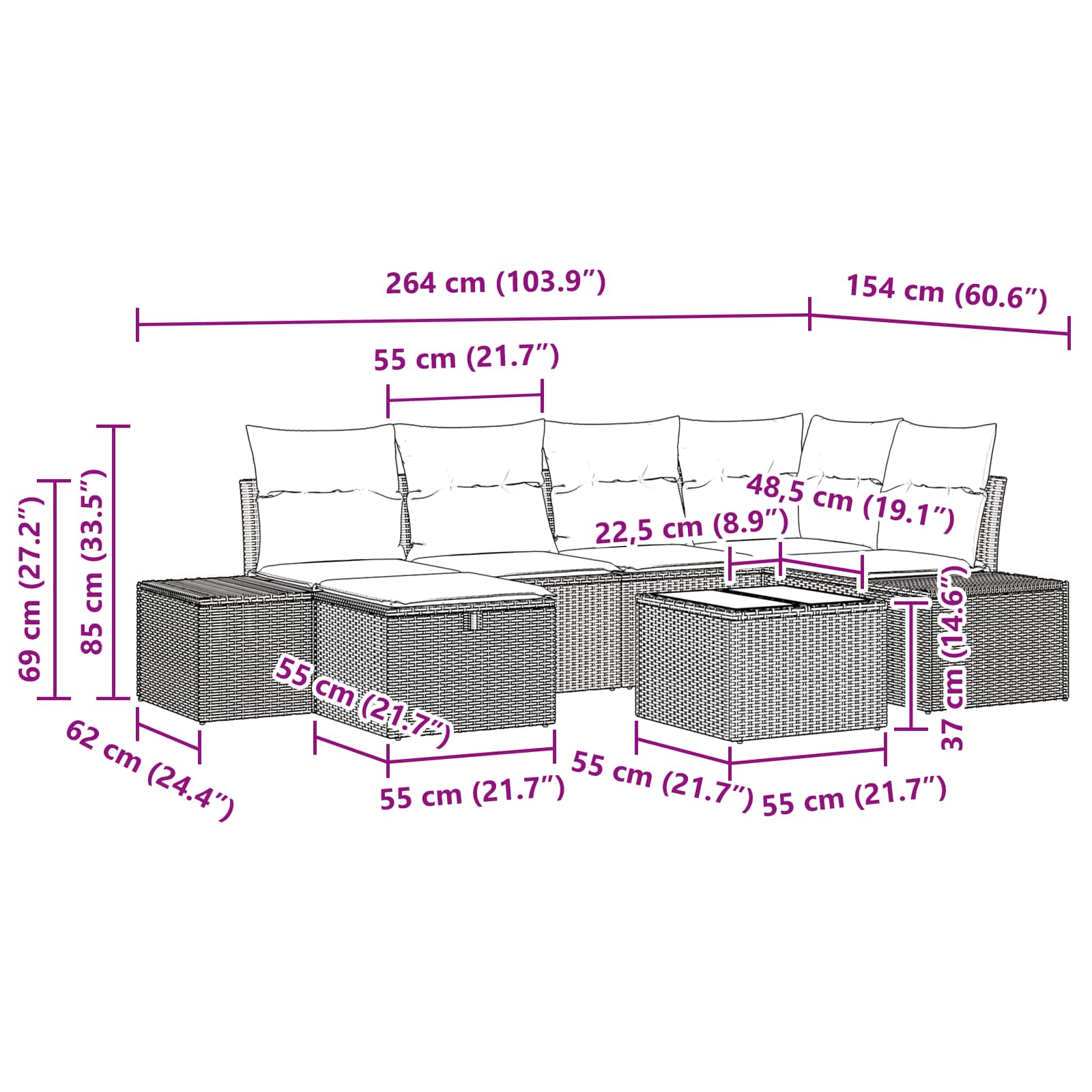 Havesofa Sæt med pude 7 pcs Brun polyrattan