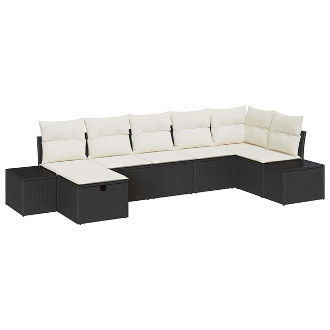 Havesofa Sæt med pude 7 pcs Sort polyrattan