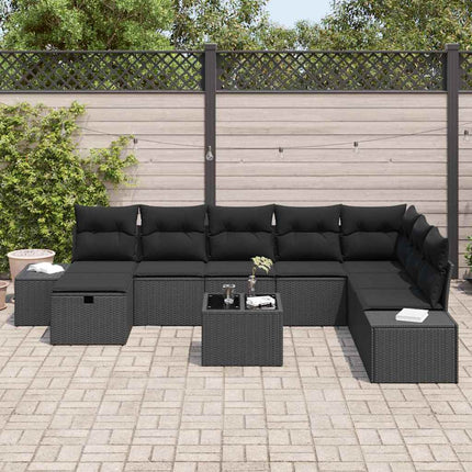 Havesofa Sæt med pude 9 pcs Sort polyrattan