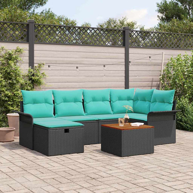 Havesofa Sæt med pude med opbevaring 7 pcs Sort polyrattan