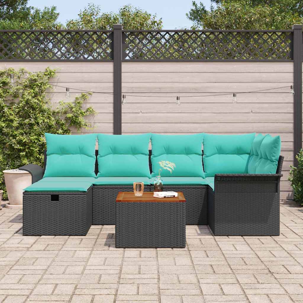 Havesofa Sæt med pude med opbevaring 7 pcs Sort polyrattan