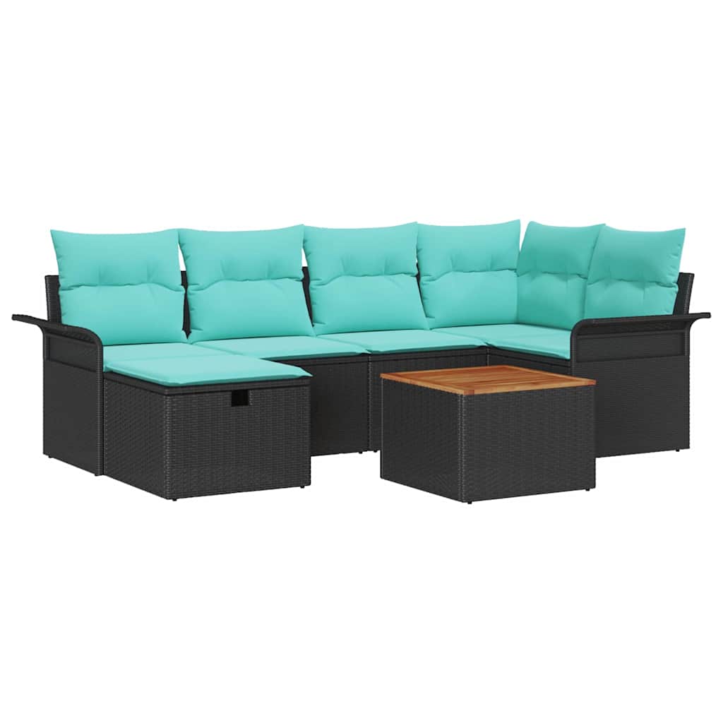 Havesofa Sæt med pude med opbevaring 7 pcs Sort polyrattan