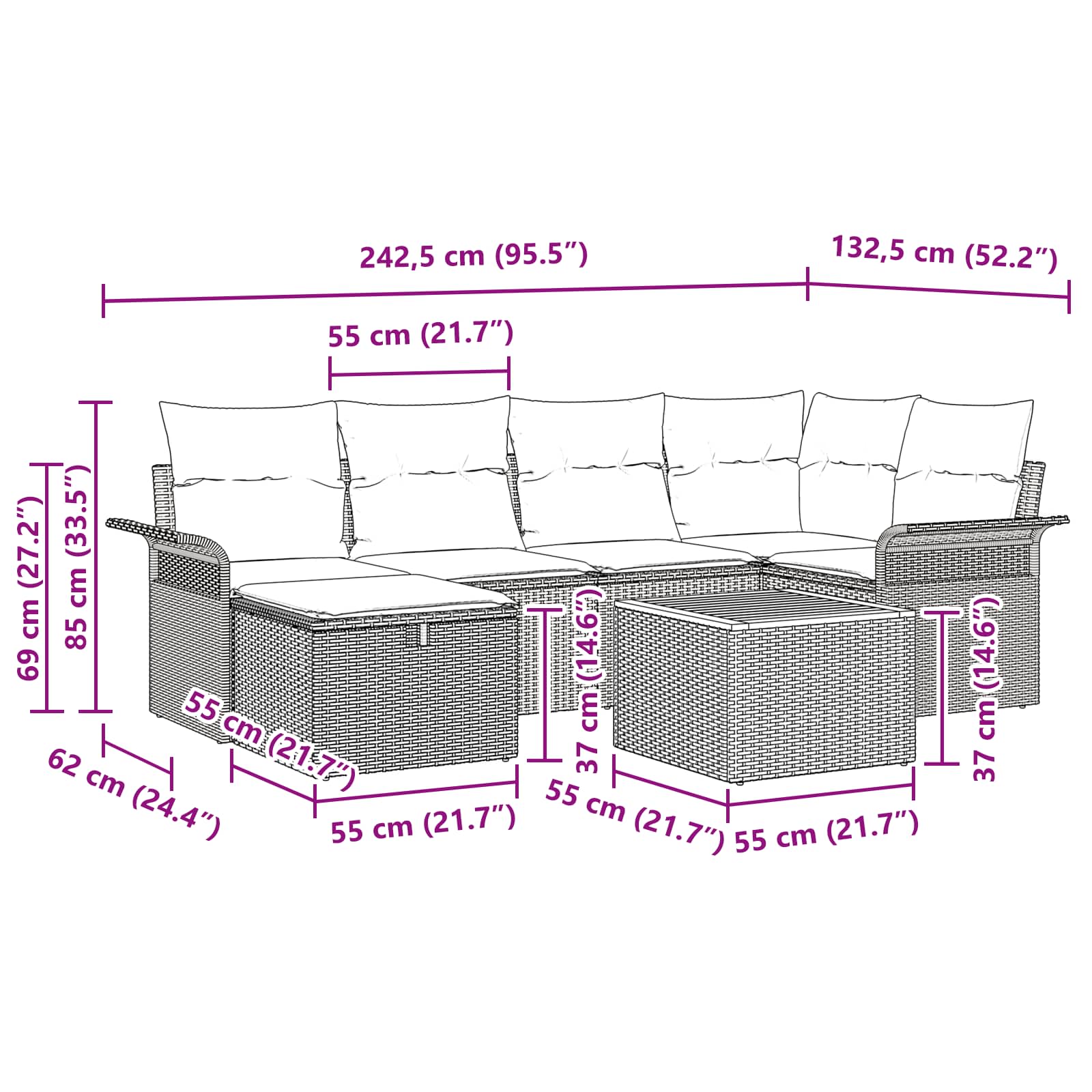 Havesofa Sæt med pude med opbevaring 7 pcs Sort polyrattan