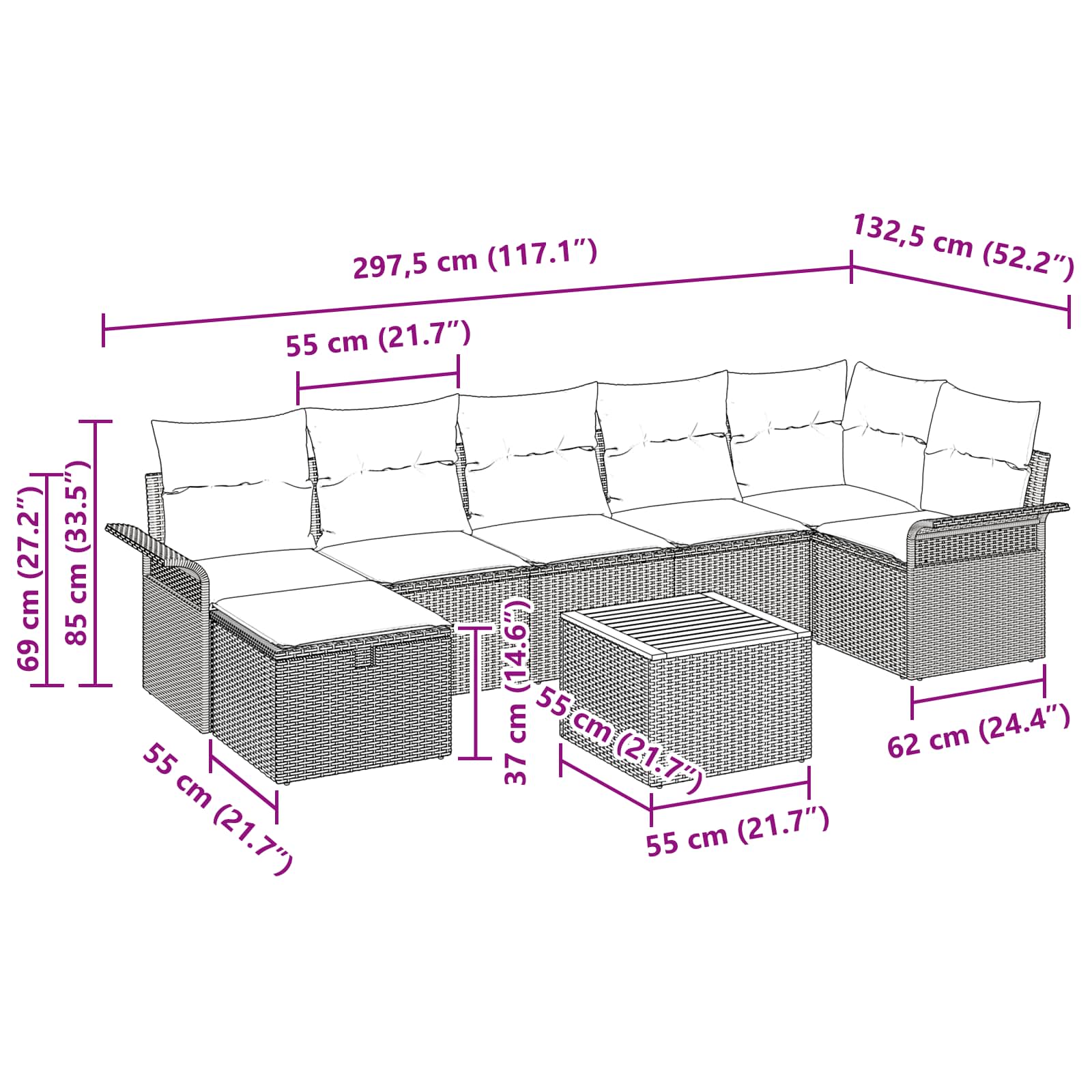 Havesofa Sæt med pude med opbevaring 8 pcs Sort polyrattan