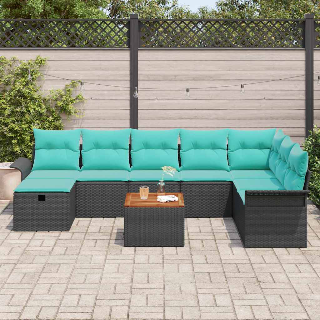 Havesofa Sæt med pude med opbevaring 9 pcs Sort polyrattan