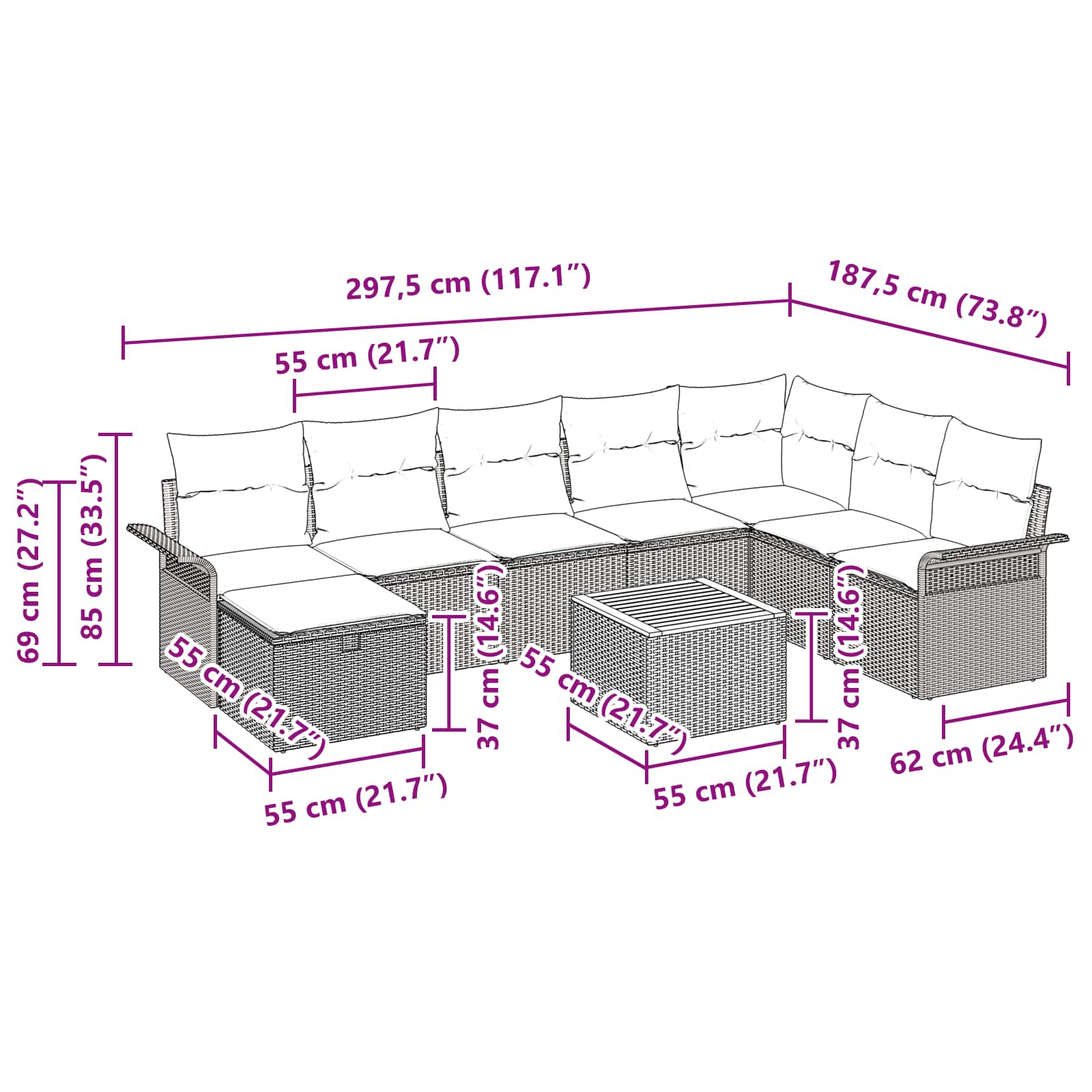 Havesofa Sæt med pude med opbevaring 9 pcs Sort polyrattan