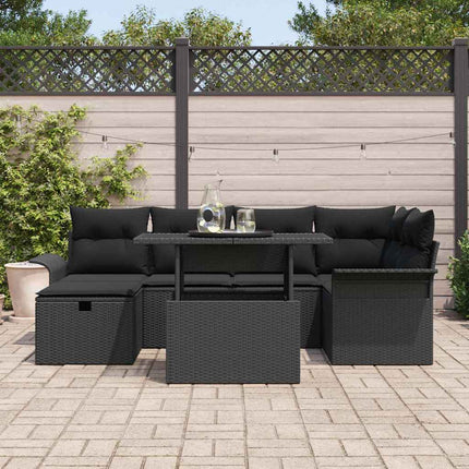 Havesofa Sæt med pude med opbevaring 7 pcs Sort polyrattan