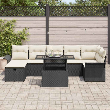 Havesofa Sæt med pude med opbevaring 8 pcs Sort Poly rattan