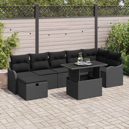 Havesofa Sæt med pude med opbevaring 8 pcs Sort Poly rattan
