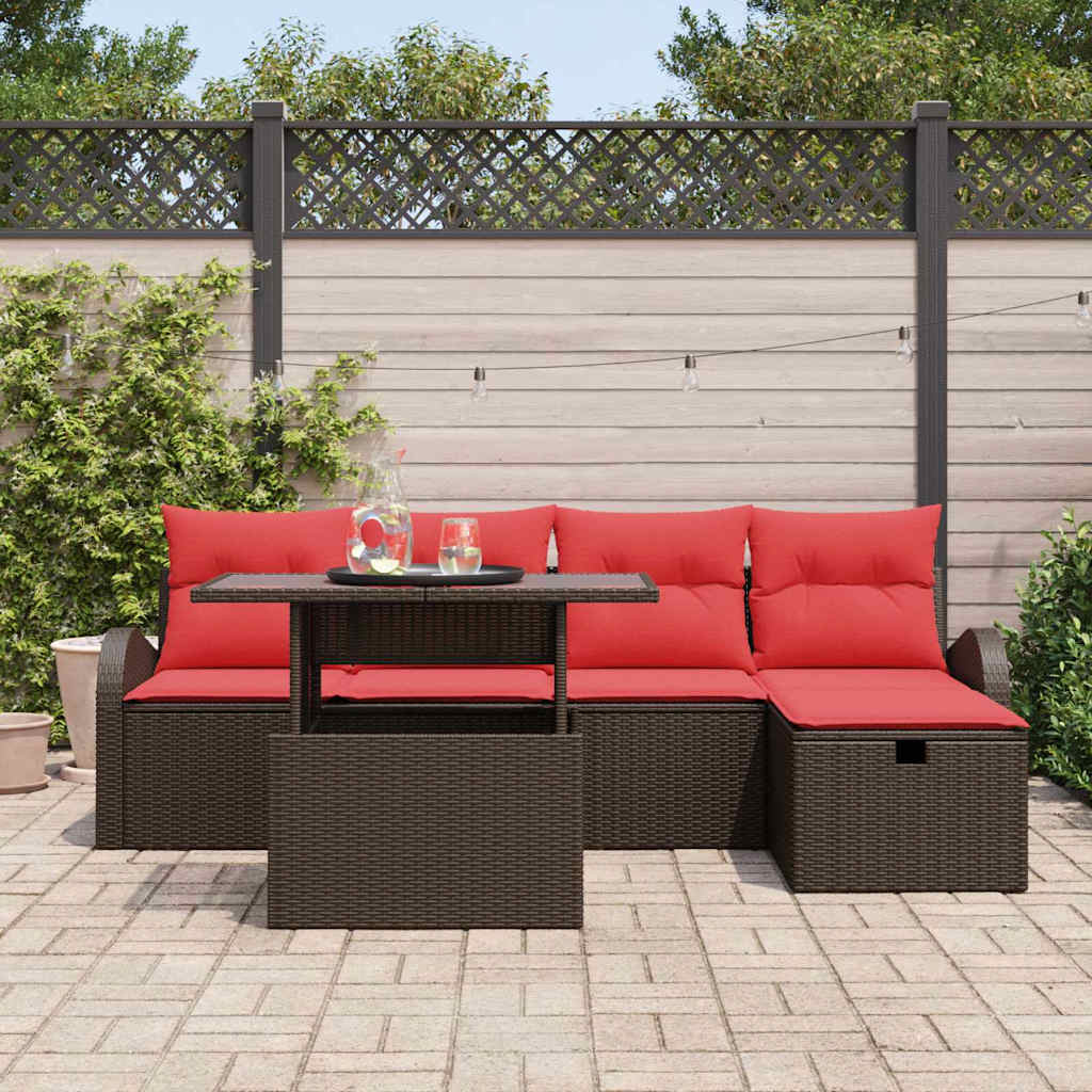 Havesofa Sæt med pude med opbevaring 6 pcs Brun polyrattan