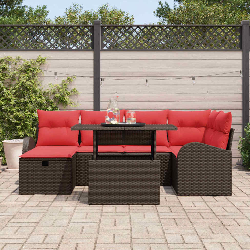 Havesofa Sæt med pude med opbevaring 7 pcs Brun Poly rattan