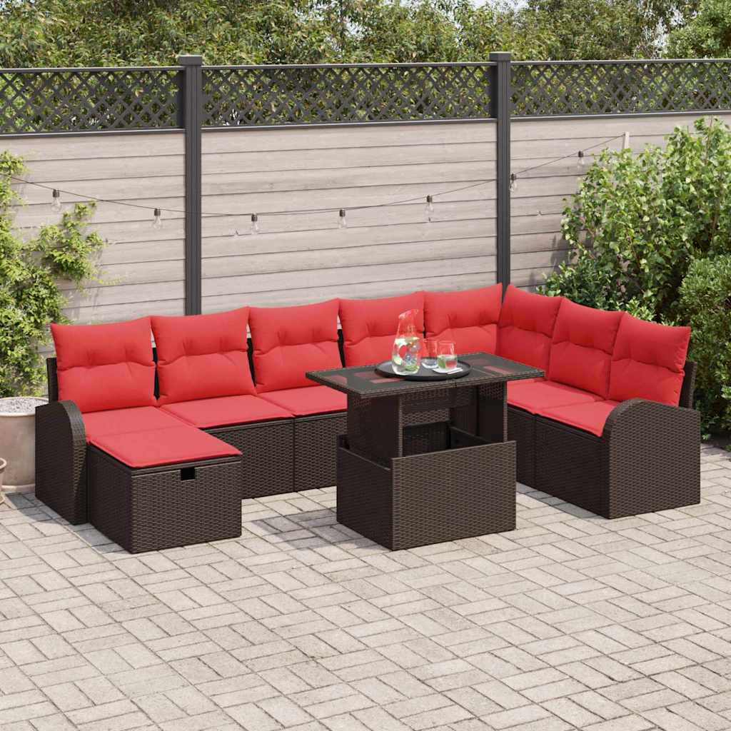 Havesofa Sæt med pude med opbevaring 9 pcs Brun Poly rattan