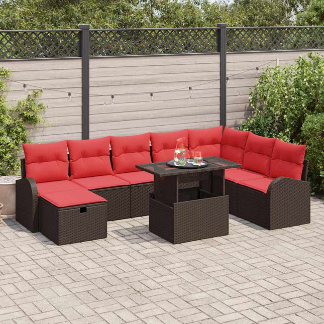 Havesofa Sæt med pude med opbevaring 9 pcs Brun Poly rattan