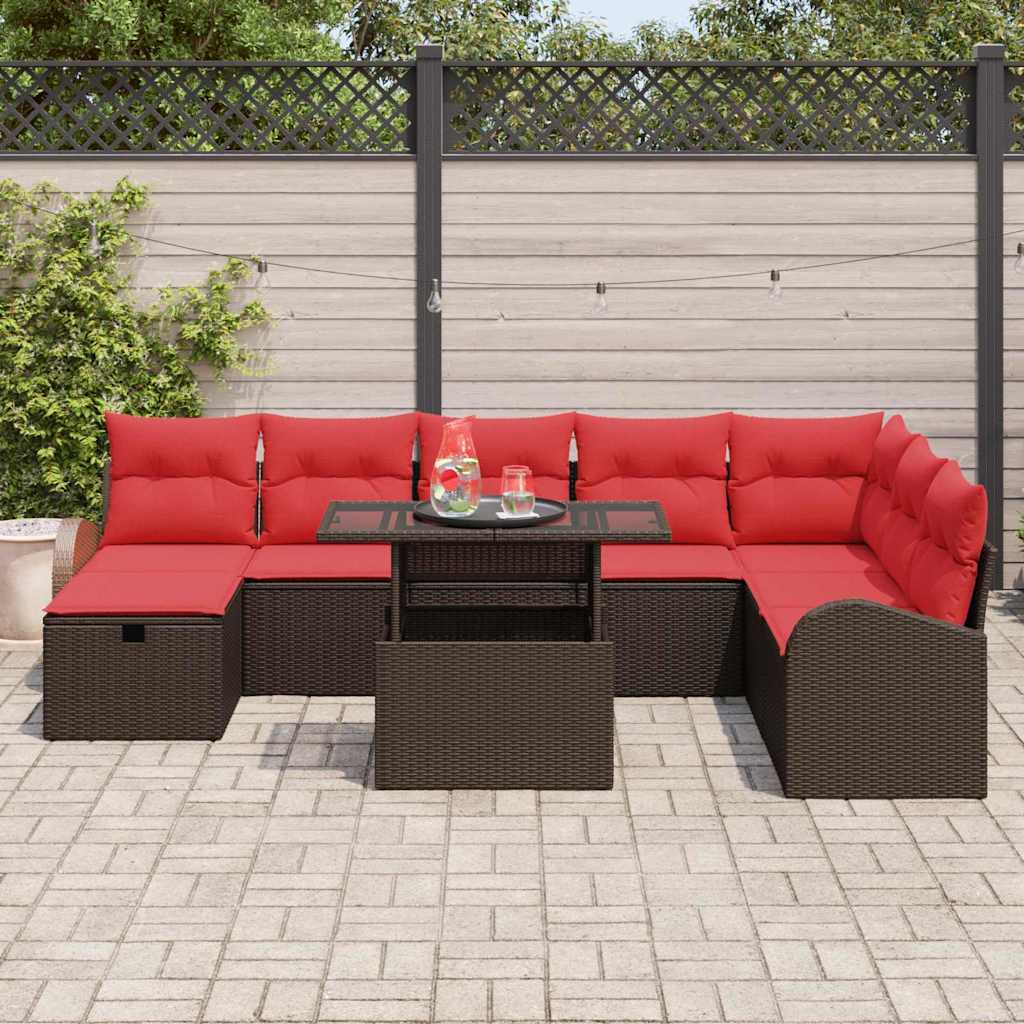Havesofa Sæt med pude med opbevaring 9 pcs Brun Poly rattan