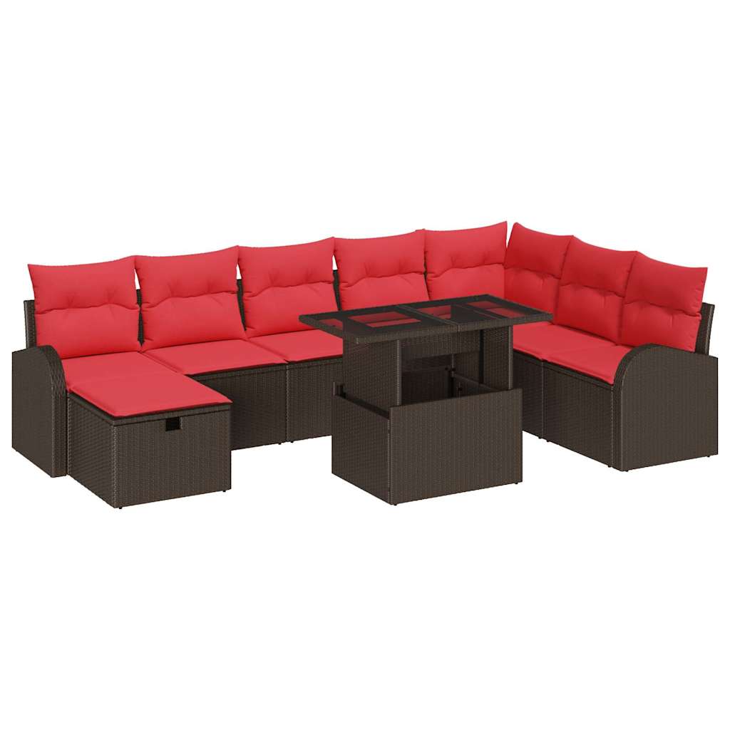 Havesofa Sæt med pude med opbevaring 9 pcs Brun Poly rattan