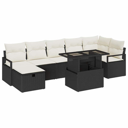 Havesofa Sæt med pude med opbevaring 8 pcs Sort Poly rattan
