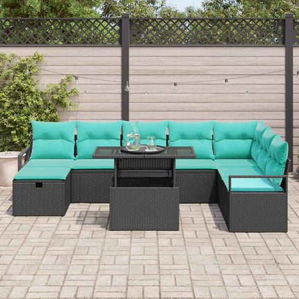 Havesofa Sæt med pude med opbevaring 9 pcs Sort Poly rattan