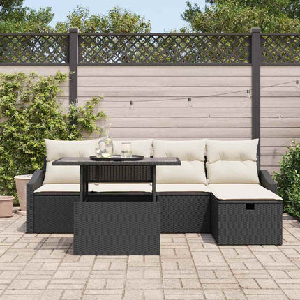 Havesofa Sæt med pude med opbevaring 6 pcs Sort Poly rattan