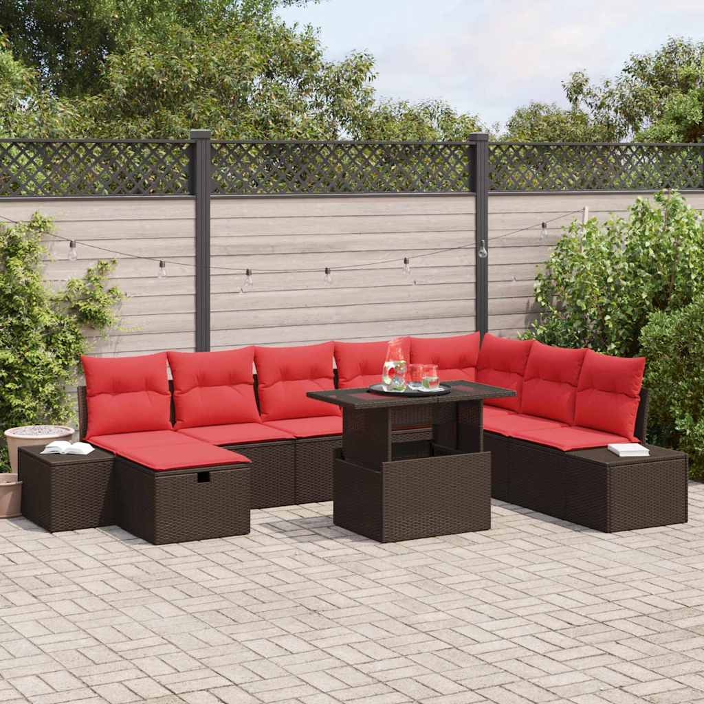 Havesofa Sæt med pude med opbevaring 9 pcs Brun Poly rattan