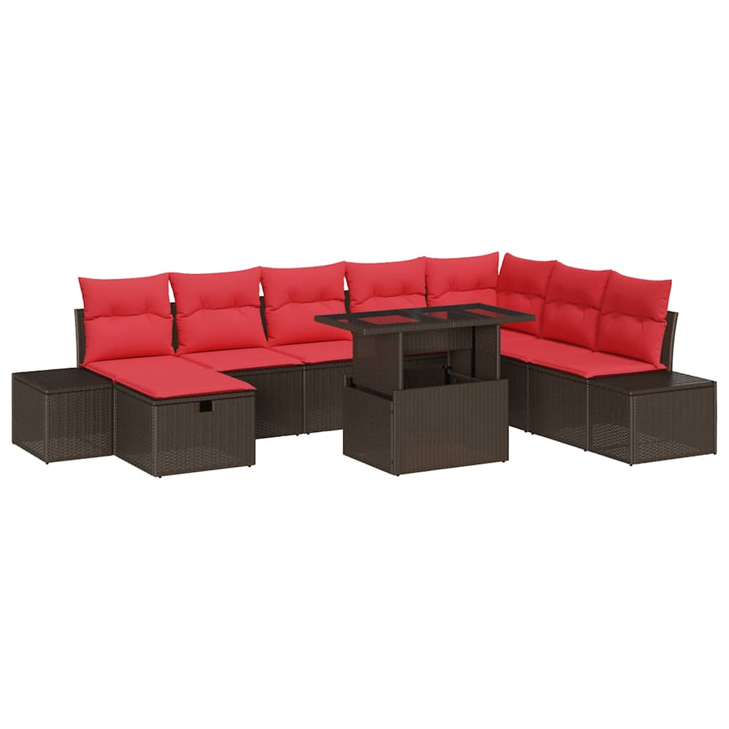 Havesofa Sæt med pude med opbevaring 9 pcs Brun Poly rattan