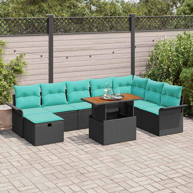 Havesofa Sæt med pude med opbevaring 9 pcs Sort polyrattan