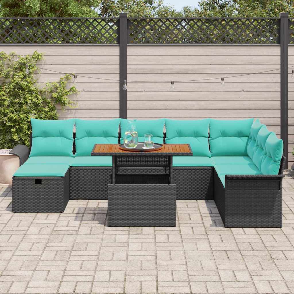 Havesofa Sæt med pude med opbevaring 9 pcs Sort polyrattan