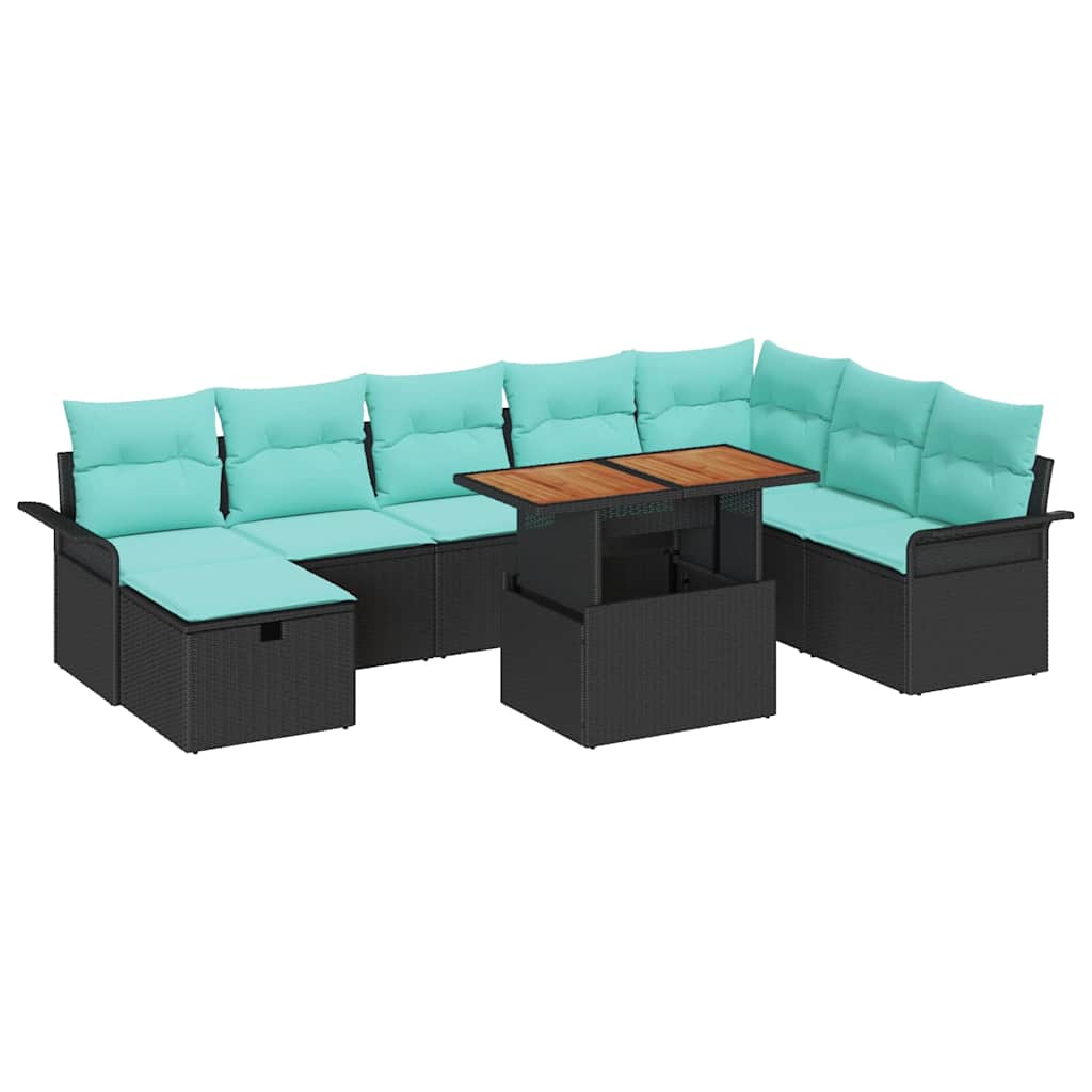 Havesofa Sæt med pude med opbevaring 9 pcs Sort polyrattan