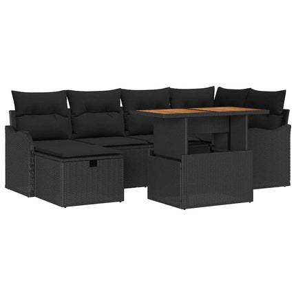 Havesofa Sæt med pude med opbevaring 7 pcs Sort polyrattan