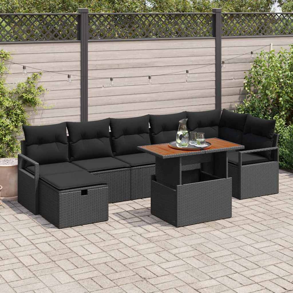 Havesofa Sæt med pude med opbevaring 8 pcs Sort polyrattan