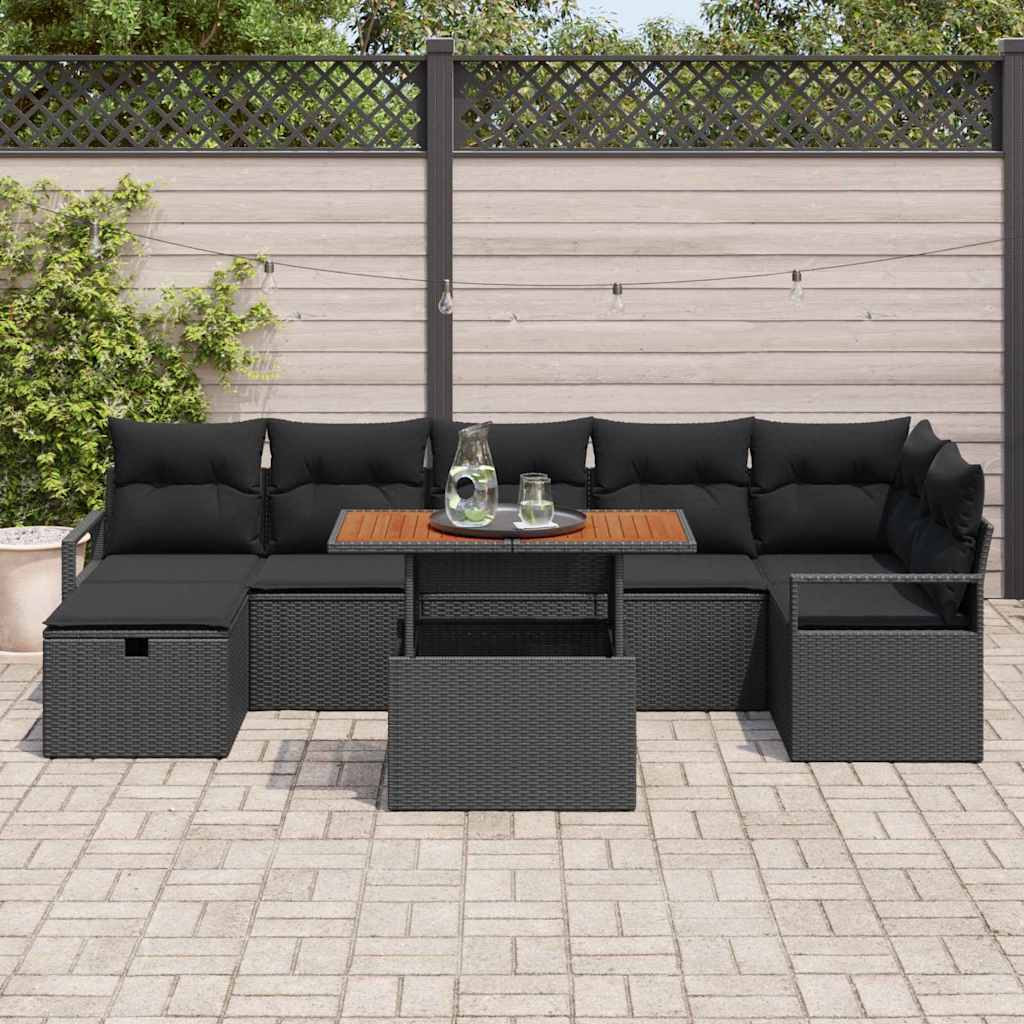 Havesofa Sæt med pude med opbevaring 8 pcs Sort polyrattan