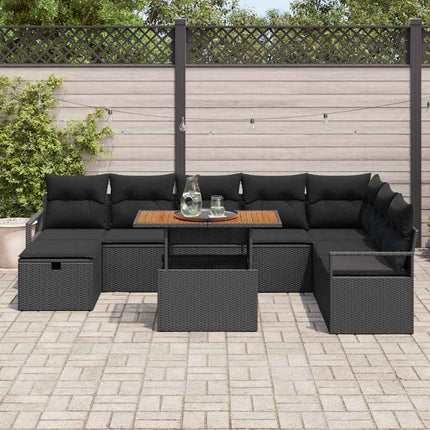 Havesofa Sæt med pude med opbevaring 9 pcs Sort polyrattan