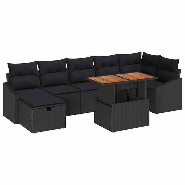 Havesofa Sæt med pude med opbevaring 8 pcs Sort polyrattan