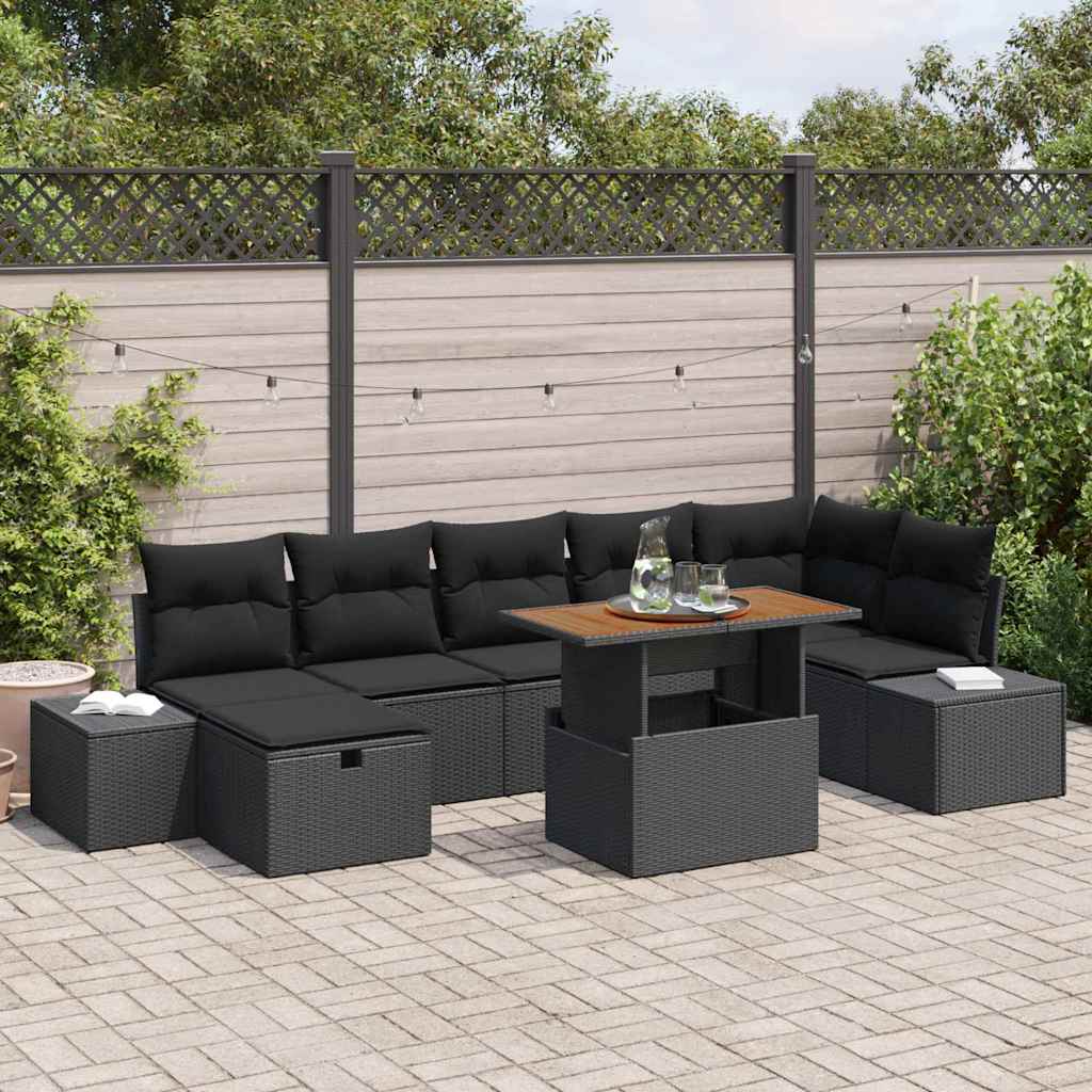 Havesofa Sæt med pude med opbevaring 8 pcs Sort polyrattan