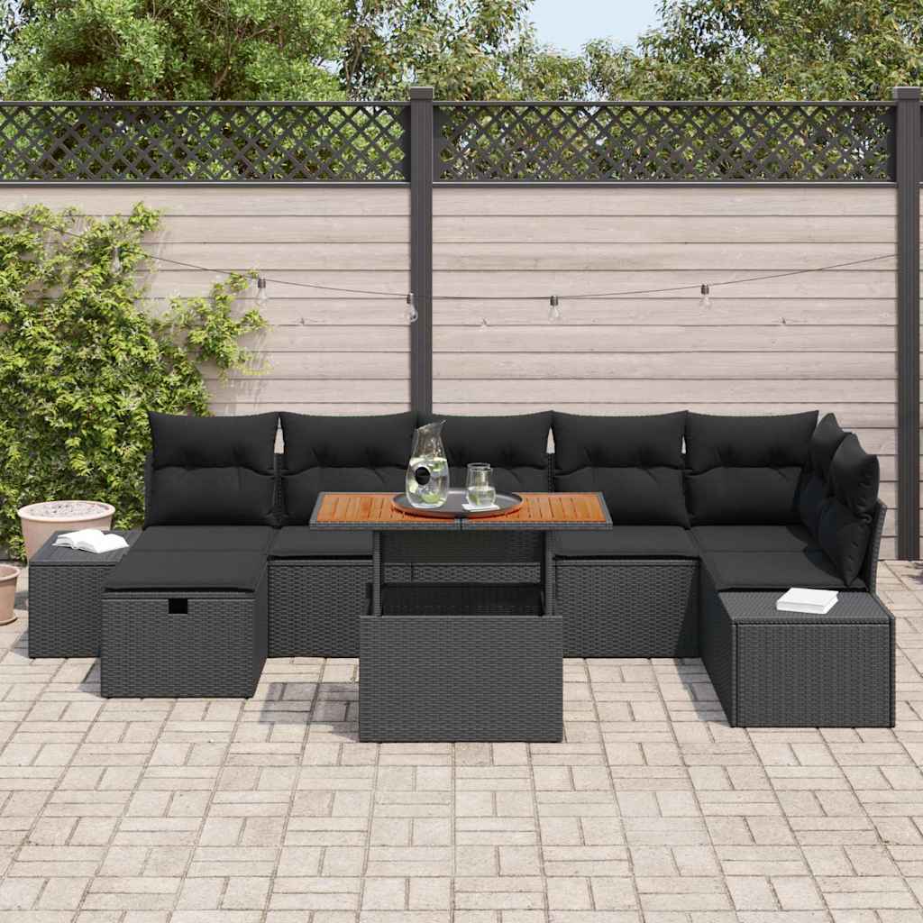 Havesofa Sæt med pude med opbevaring 8 pcs Sort polyrattan