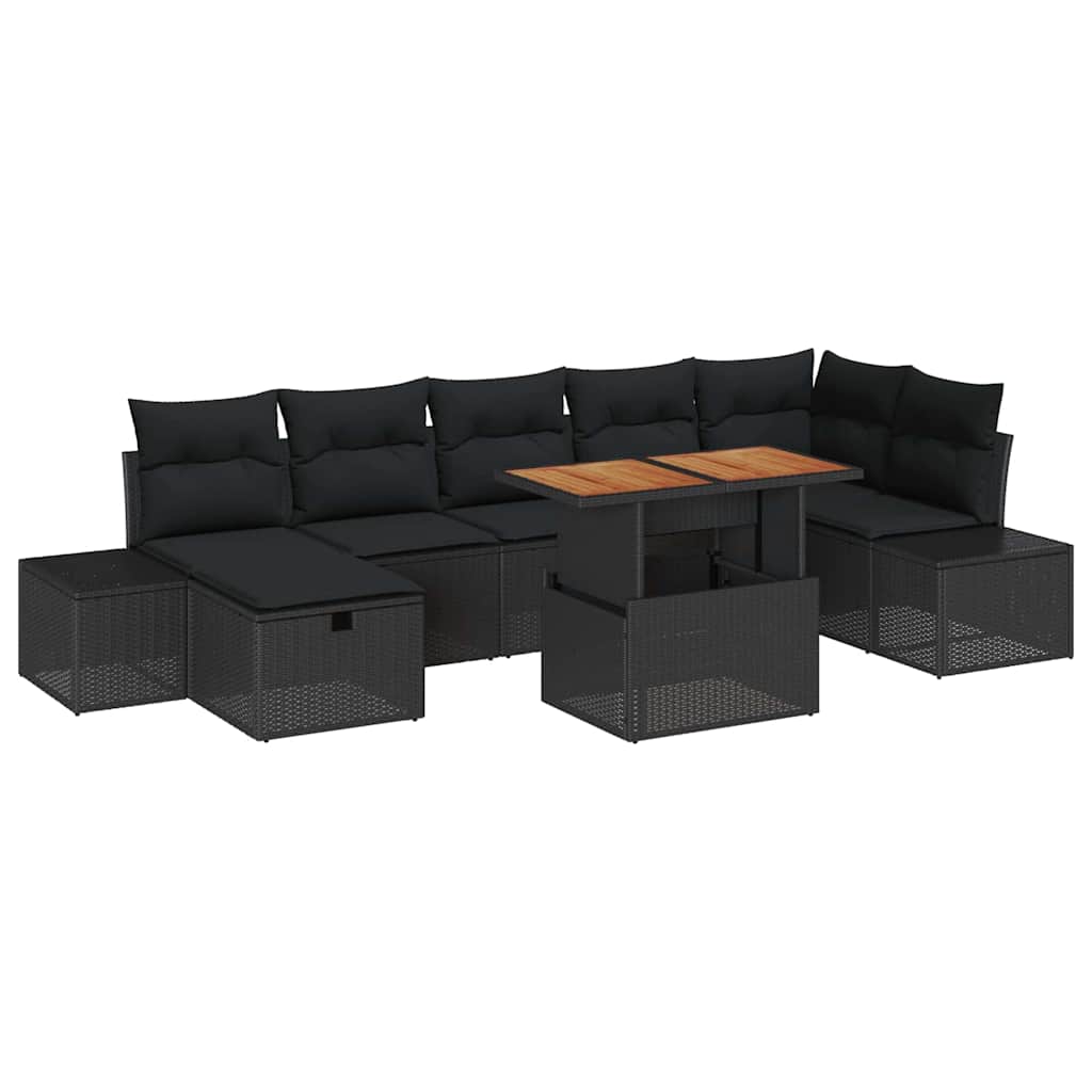 Havesofa Sæt med pude med opbevaring 8 pcs Sort polyrattan