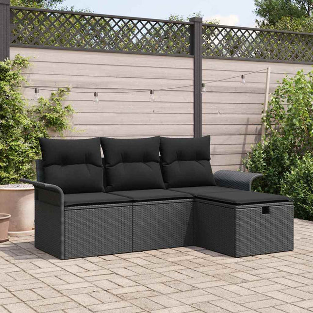 Havesofa Sæt med pude med opbevaring 4 pcs Sort Poly rattan
