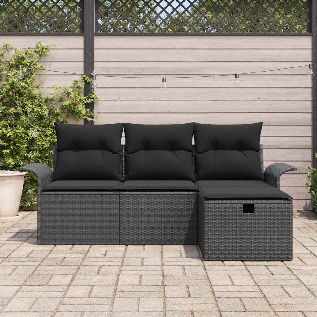 Havesofa Sæt med pude med opbevaring 4 pcs Sort Poly rattan